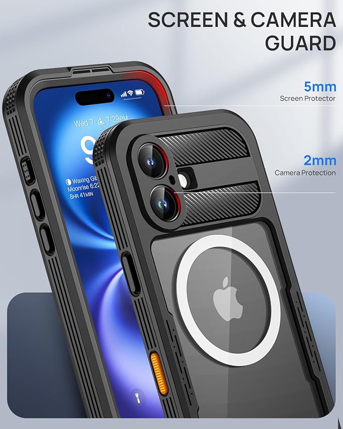 Lanhiem Magnetic for iPhone 16 Case, IP68 Waterproof Dustproof Case, [Compatible with Magsafe] [Built-in Screen Protector] Full Body Heavy Duty Rugged Phone Cover 6.1 inch, Black/Clear