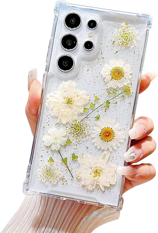 Compatible with Samsung Galaxy S24 Ultra Case Cute Pressed Dried Real Flowers Design Women Girly Shockproof Glitter Floral Clear Phone Cover for Galaxy S24 Ultra (White Flower)
