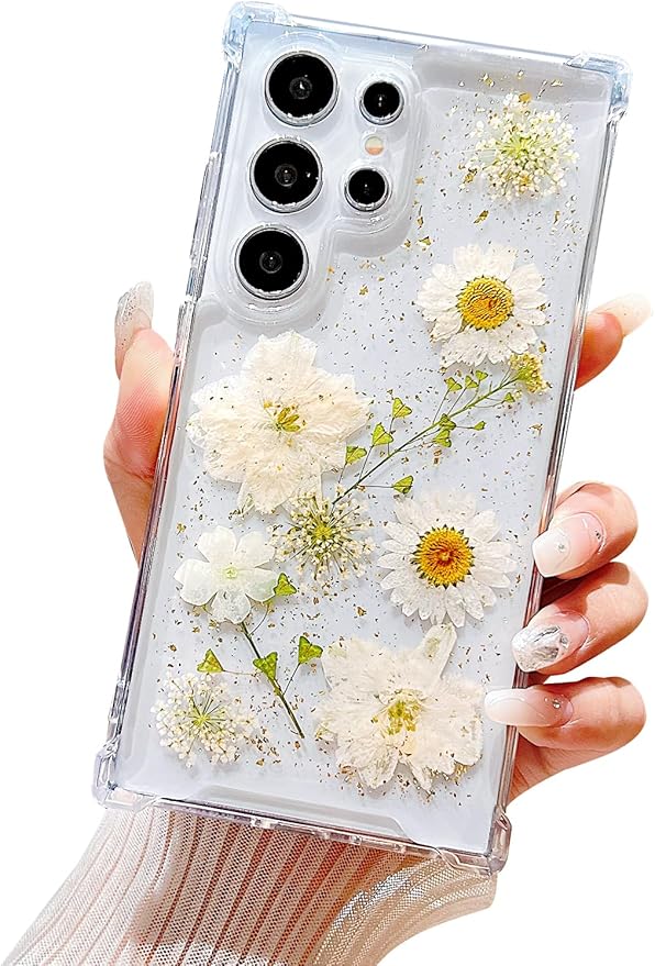 Compatible with Samsung Galaxy S23 Ultra Case Cute Pressed Dried Real Flowers Design Women Girly Shockproof Glitter Floral Clear Phone Cover S23 Ultra (White Flower)