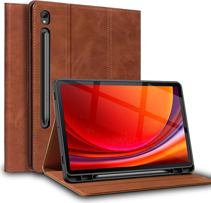 for Samsung Galaxy Tab S9 11inch and S9/S10 FE 10.9inch Case with S Pen Holder 2023/2025(X710/X716/X718/X510/X516/X518/X520/X526) Genuine Leather Cover Protective Shell,Auto Wake/Sleep.Brown