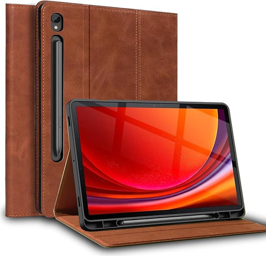 for Samsung Galaxy Tab S9 11inch and S9/S10 FE 10.9inch Case with S Pen Holder 2023/2025(X710/X716/X718/X510/X516/X518/X520/X526) Genuine Leather Cover Protective Shell,Auto Wake/Sleep.Brown