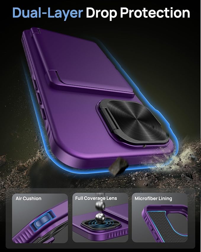 for iPhone 16e Case, Built-in Credit Card Holder & Stand & Lens Cover, Military Grade Drop Tested Soft Silicone Edge Rugged Protective Wallet Phone Case for iPhone 16e 6.1" 2025, Purple