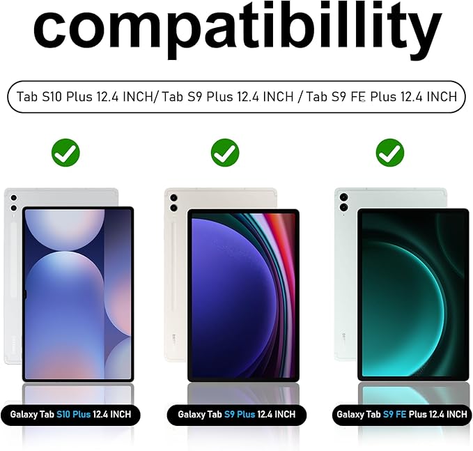 Case for Galaxy Tab S10 Plus/S9 FE Plus/S9 Plus 12.4 INCH: TPU Cover for Samsung Tablet Tab S10+/S9 FE+/S9 + 12.4" 5G W/Screen Protector - Stand- Handle- Shoulder Strap- S-Pen Holder- Black