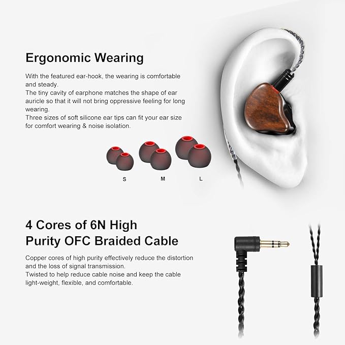 in Ear Monitor Headphones, HiFi Stereo IEM Earphones, Dynamic Dual Driver Wired Earbuds with Detachable Cable, Noise Canceling Headset for Singers Musicians Drummers Audiophile (Wood Grain)