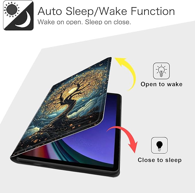 Case for Samsung Galaxy Tab S10 FE/ S9 FE 5G 10.9 Inch/Tab S9 11 Inch, Slim PU Leather Stand Cover with Auto Wake/Sleep, Multi-Angle Viewing & Shockproof, Glowing Tree