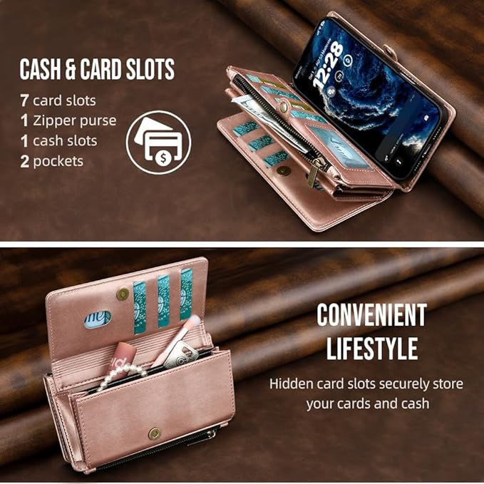 for iPhone 17 Wallet Phone Case with 7 Card Holder,RFID Blocking | PU Leather | Kickstand | Flip | Wrist Strap&Shoulder Strap | Shockproof | Zipper Wallet | Women Men | 6.3" | Rose Gold