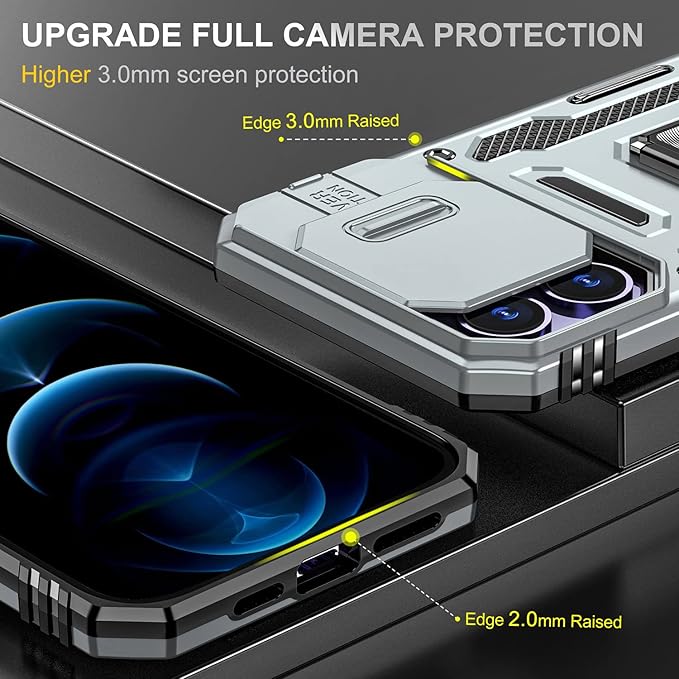 Case for iPhone 14 Pro Phone Case with Camera Cover, with Kickstand Ring Holder, with Magnetic Car Mount Function, for iPhone 14 Pro (Grey)