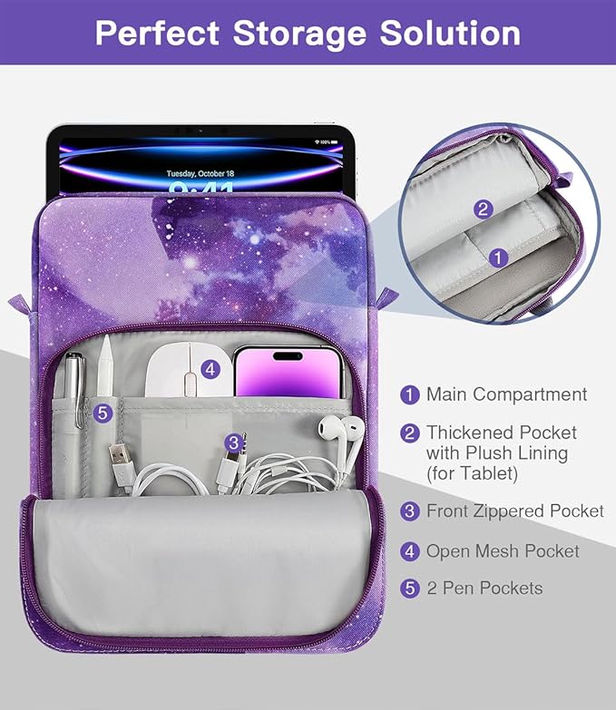 MoKo 9-11 Inch Tablet Sleeve Bag Handle Carrying Case with Shoulder Strap Fits 11inch iPad Air M3, iPad A16 2025, iPadPro 11", iPad109/8/7th Gen 10.2, Air 5/4th 10.9, Tab S8/S9 11",Purple Starry