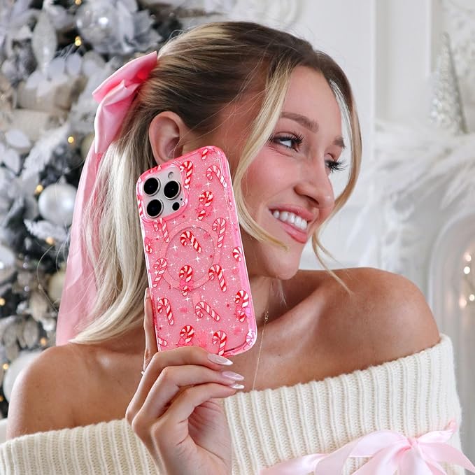 VELVET CAVIAR Case for iPhone 17 Pro | Compatible with MagSafe | 10ft Drop Tested | Protective Christmas Cases | Pink Peppermint Glitter