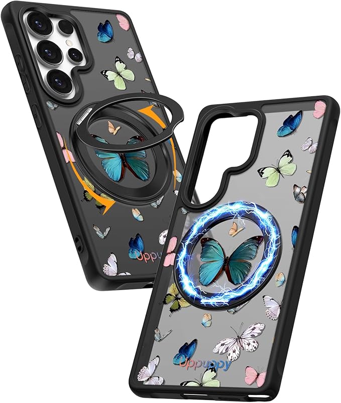 for Samsung Galaxy S25 Ultra Case with 360° Rotatable Magnetic Ring - Compatible with MagSafe, Semi-Transparent Soft-Touch Material Shockproof, Cute Butterfly Design for Women Girl