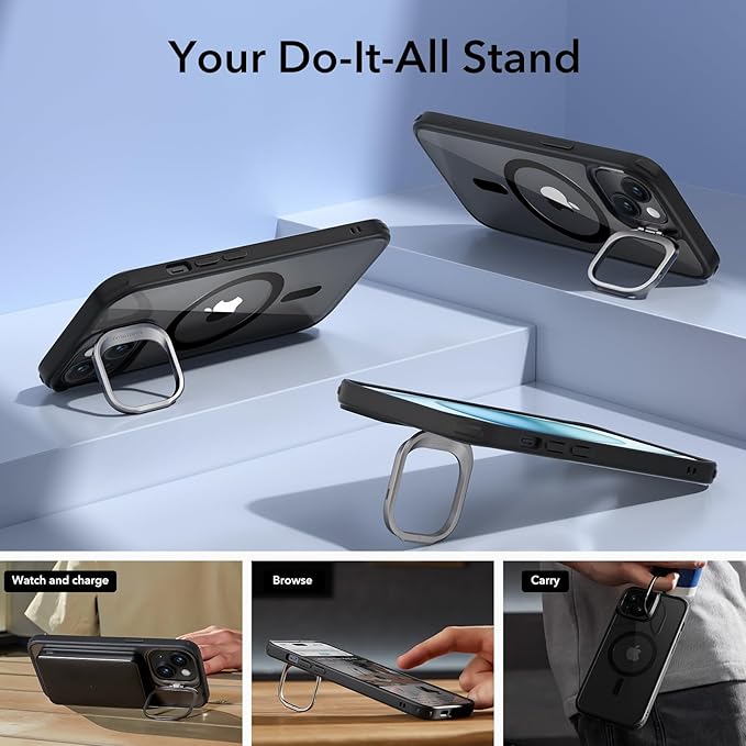 ESR for iPhone 15 Case, Compatible with MagSafe, Military-Grade Protective Case, Built-in Stash Stand Phone Case, Scratch-Resistant Back Cover, Classic Series, Clear Black