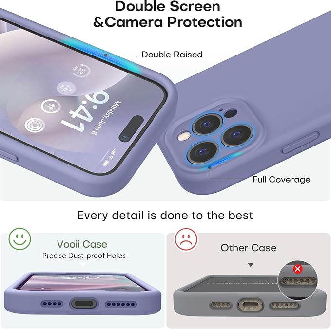 Vooii Compatible with iPhone 15 Pro Max Case, Upgraded Premium Silicone, [Camera Protection] [Soft Anti-Scratch Microfiber Lining] Shockproof Phone Case for iPhone 15 Pro Max 6.7 inch - Lavender Grey