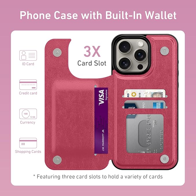 FUNMIKO for iPhone 13 Pro Wallet Case with Card Holder, RFID-Blocking, Military-Grade Protection & UV-Printed Artwork, Magnetic Closure with Leather Kickstand - Hot Pink