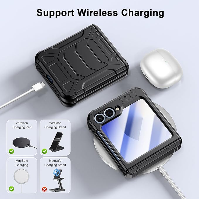 Military-Grade Protection ZFlip 6 / ZFlip 7 FE Case for Samsung Galaxy Z Flip 6 & Flip 7 FE: Shockproof TPU Frame, Hinge Protection, Glass Screen Protector, Anti-Slip Rugged Phone Cover (Black)