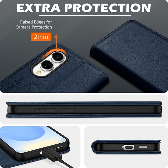 SHIELDON Case for Galaxy S25 Edge 6.7", Genuine Leather Wallet Case with RFID Blocking Card Holder Kickstand Shock Absorbing Full Protective Cover Compatible with Galaxy S25 Edge 5G - Nappa Navy Blue