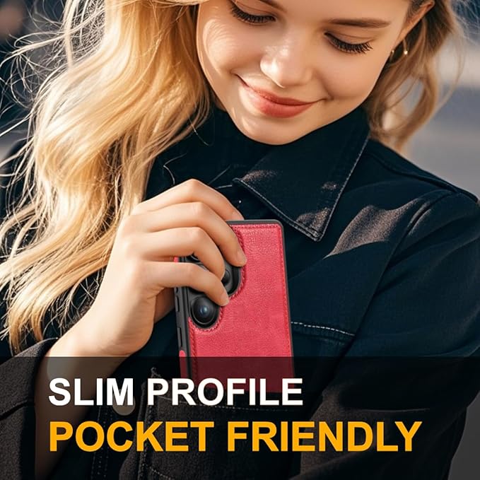 for Galaxy S25 Ultra Leather Case, Built-in Foldable Alloy Stand, with Camera Lens and Screen Protector, Slim Shockproof Kickstand Phone Cover 2025 (Red)