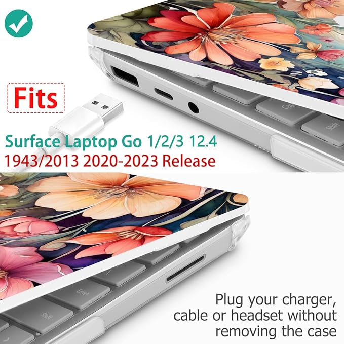 Tuiklol Case for 12.4 Inch Microsoft Surface Laptop Go 3/2 / 1 2023-2020 Releases, Plastic Hard Shell Case with Screen Protector and Keyborad Cover +Dust Plugs Model 2013/1943,Ilustration Flowers
