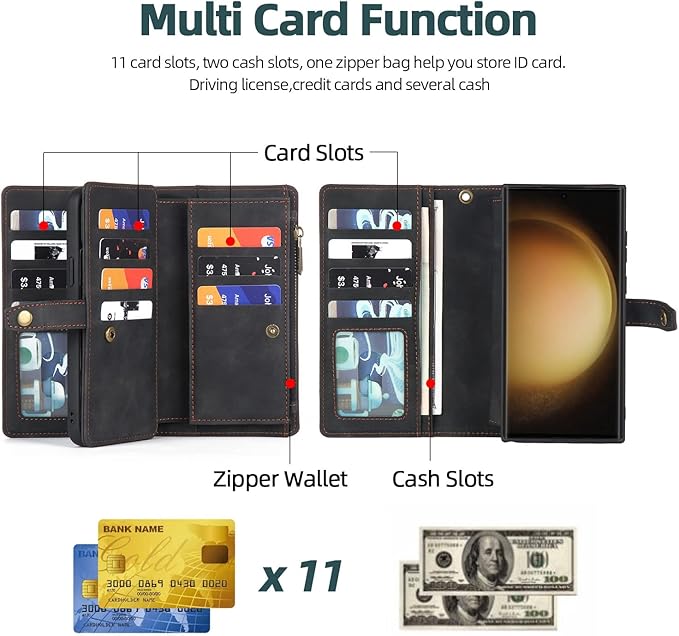 TwoHead for Samsung Galaxy S23 Ultra Wallet Case with Card Holder & Detachable Magnetic Phone Case for S23 Ultra 6.8 in PU Leather Shockproof Protective Phone Case (Dream Black)