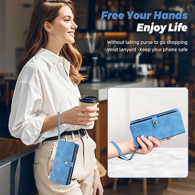 TwoHead Wallet Case Compatible with iPhone 15 Pro,Detachable Magnetic Phone Case,All-Round Protective Leather Phone Case with Card Holder,6.1 in,Sky Blue