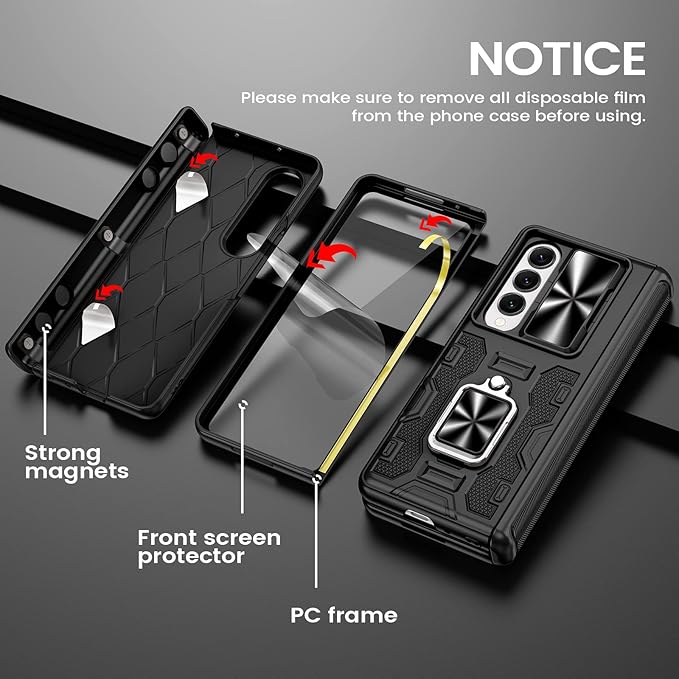VEGO for Galaxy Z Fold 4 Case with Belt Clip Holster, 360°Ring Magnetic Kickstand & Camera Cover & Front Screen Protector, Hinge Protection Shockproof Armor Cover - Midnight Black