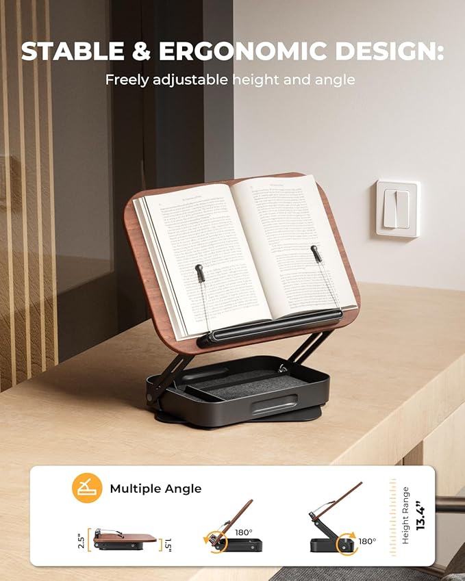 Adjustable Book Stand for Reading with Storage – 360° Rotating Base, Height Adjustable, Extra-Wide Page Clips for Thick Books – Portable Desk Book Holder for Study, Bed, Office, Kitchen (Dark Wood)