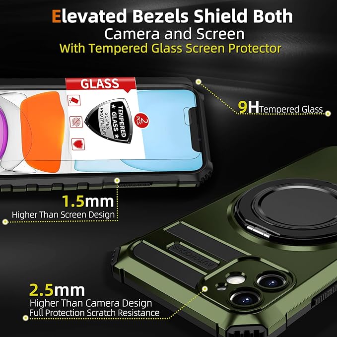 for iPhone 11 Case Compatible with MagSafe Magnetic,with 2 Tempered Glass Screen Protectors,Built-in 360°Kickstand Ring,Military Grade Drop Shockproof Heavy Duty Protection Phone Bumper Green
