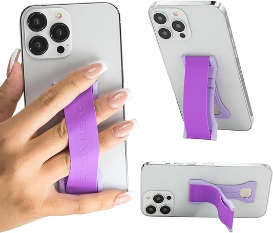 LOVEHANDLE PRO Premium Phone Grip - Silicone Phone Strap - Magnetic Phone Mount and Kickstand for Smartphone and Tablet - Electric Purple Silicone on Lavender Base