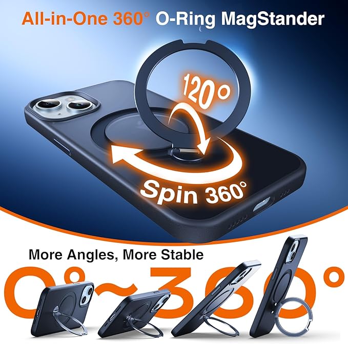 360° O-Ring MagStander for iPhone 13 Case, iPhone 14 Case with Magnetic Stand Ring Holder [Compatible with MagSafe][15FT Military Shockproof] Kickstand iPhone 13/14 Phone Cover Matte Blue