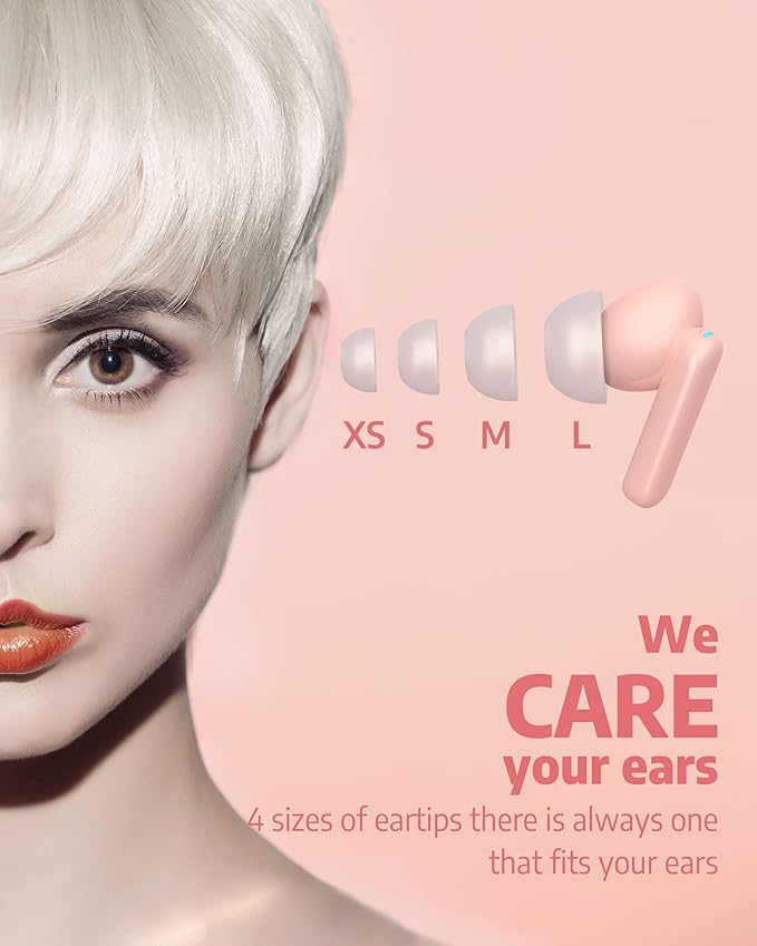 AIHOOR Wireless Earbuds for Music and Sports, Bluetooth 5.3 in-Ear Headphones with Extra Bass Built-in Mic Touch Control 30hr Battery Earphones, Waterproof (Pink)