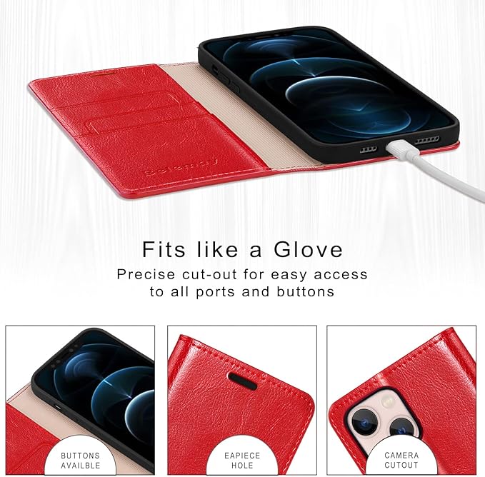 Belemay Compatible with iPhone 14 Plus Wallet Case-Genuine Leather Flip Phone Case-RFID Blocking Card Holders-Shockproof TPU Shell Folio Cover Women Men Compatible with iPhone 14 Plus (6.7-inch) Red