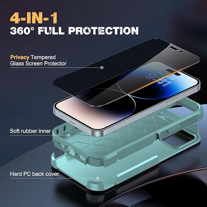 Diaclara Designed for iPhone 14 Pro Max Case, [with Privacy Screen Protector] [Anti Spy] [Military Grade Drop Protection] Heavy Duty Full-Body Shockproof Phone Case, Mint Green