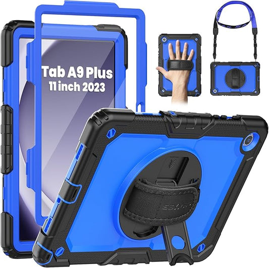 SEYMAC Case for Samsung Galaxy Tab A9+/ A9 Plus 11" (SM-X210/X216/X218), Heavy Duty Shockproof Protective Case with Screen Protector, Rotating Stand, Hand/Shoulder Strap and Pen Holder, Blue