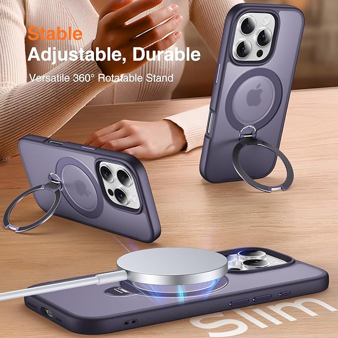 360° O-Ring MagStander for iPhone 15 Pro Case with Magnetic Kickstand Ring Holder [Compatible with MagSafe][360°Rotate Stand Ring][Military Shockproof] iPhone 15 Pro Phone Cover Matte Purple