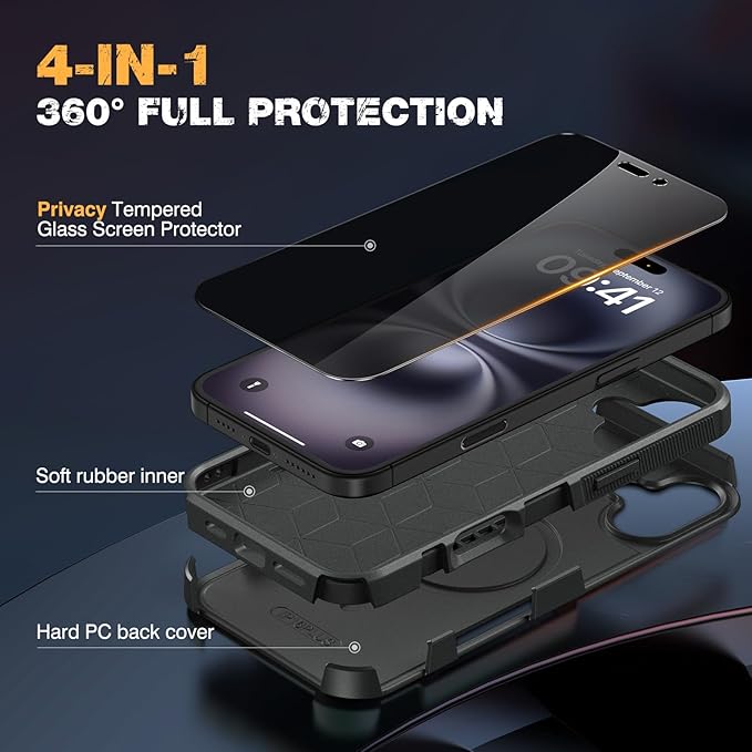 Diaclara Designed for iPhone 16 Case, [with Privacy Screen Protector] [Anti Spy] [Military Grade Drop Protection] Heavy Duty Full-Body Shockproof Phone Case, Magnetic Black