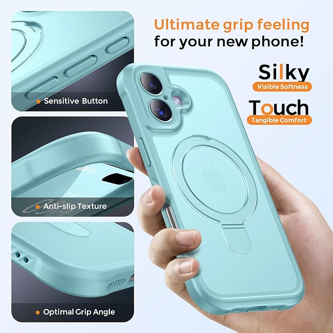 MOCCA Compatible with iPhone 17 Case with Magnetic Invisible Stand [Full Camera Protection] [Compatible with Magsafe] Military Drop Shockproof Translucent Matte Phone Case Cover 6.3",Blue