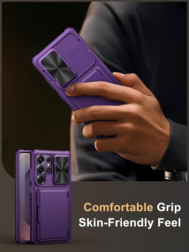 Vihibii for Samsung Galaxy S25 Ultra Wallet Case, Built-in Card Holder (4 Cards), [RFID Blocking] & Slide Camera Lens Protective Cover, Heavy Duty Phone Cover for Samsung Galaxy S25 Ultra, Dark Purple