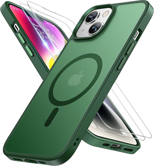 Miracase Magnetic for iPhone 14 Case 6.1 inch (Compatible with MagSafe)（with 2X Screen Protectors） Military-Grade Protection, Anti-Fingerprint Translucent Matte Phone Case Cover, Dark Green