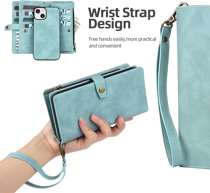 TwoHead Designed for iPhone 13 Wallet Case with Card Holder,Detachable Magnetic Phone Case with Wallet PU Leather Wallet Phone Case for iPhone 13 Case Wallet for Women/Men with Wrist Strap(Blue)