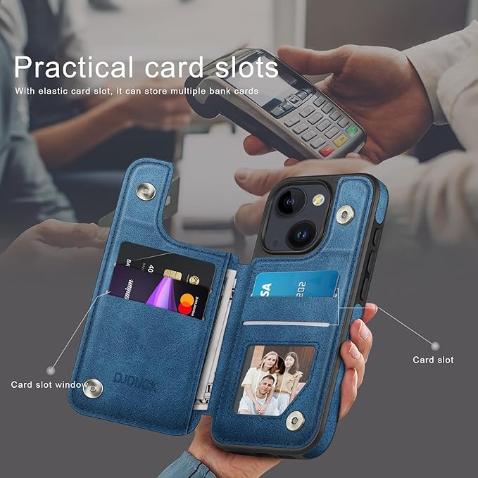 DJDUCK Designed for iPhone 14 Case Wallet with Card Holder, [Magnetic Clasp Cover] [RFID Blocking Leather Protection] Shockproof Women Men Cases 6.1 Inch for Apple 14 Bright Blue