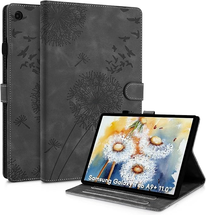 Dandelion Cover for Galaxy Tab A9 Plus Case (SM-X210/X216/X218, 11 Inch 5G), Artsy Design, Premium Faux Leather Made, Card Slots, Kickstand, Black