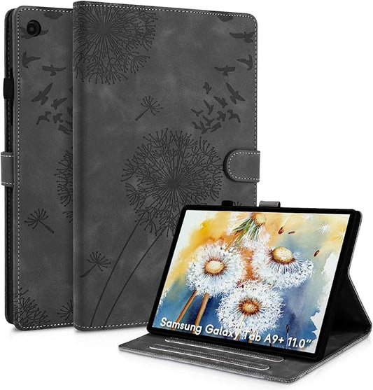 Dandelion Cover for Galaxy Tab A9 Plus Case (SM-X210/X216/X218, 11 Inch 5G), Artsy Design, Premium Faux Leather Made, Card Slots, Kickstand, Black