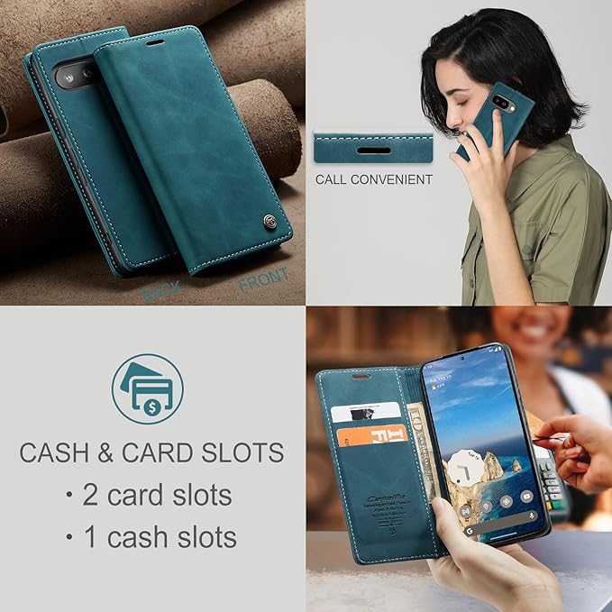for Google Pixel 9a Case, Flip Wallet Leather Case with Card Holder Magnetic Closure Shockproof Kickstand Protective Phone Cases Cover for Pixel 9a, Blue-Green