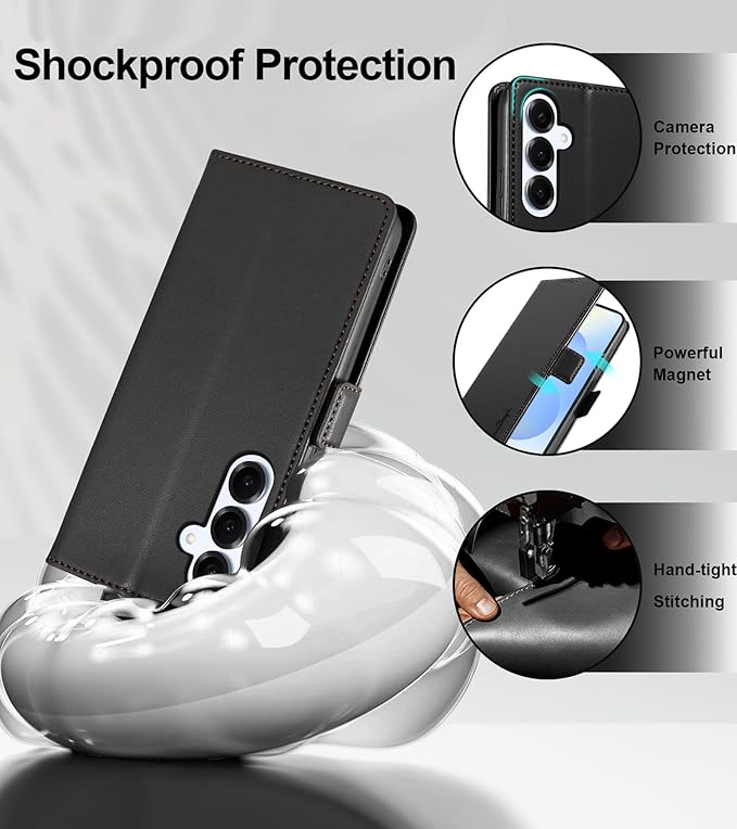 Wallet Flip Case for Samsung Galaxy S25 Plus/S25+ 5G - [RFID Blocking] Luxury PU Leather Card Holder Magnetic Phone Cover with Kickstand,Shockproof Protective Case,Black