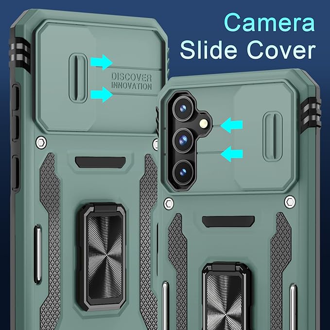 DEERLAMN Case for Samsung Galaxy S23 FE 6.4-Inch with Slide Camera Cover+Screen Protector(1 Pack),Rotated Ring Kickstand Military Grade Shockproof Protective Cover-Green