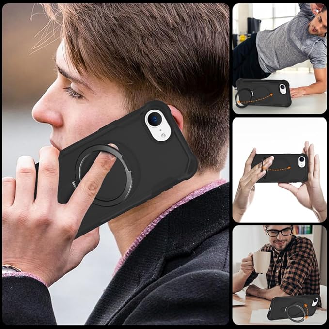 Designed for iPhone 16E Case with Magnetic Stand [Military Drop Protection][Compatible with Magnet] Shockproof 16E Phone Case with Ring Holder, Black