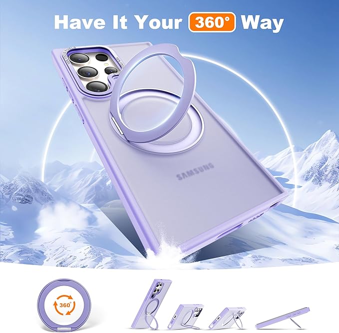 Compatible with Samsung Galaxy S24 Ultra Case with 360Rotatable Magnetic Ring Stand Compatible with Mag-Safe Military Protection Matte Translucent Phone Cases for S24 Ultra 6.8",Purple