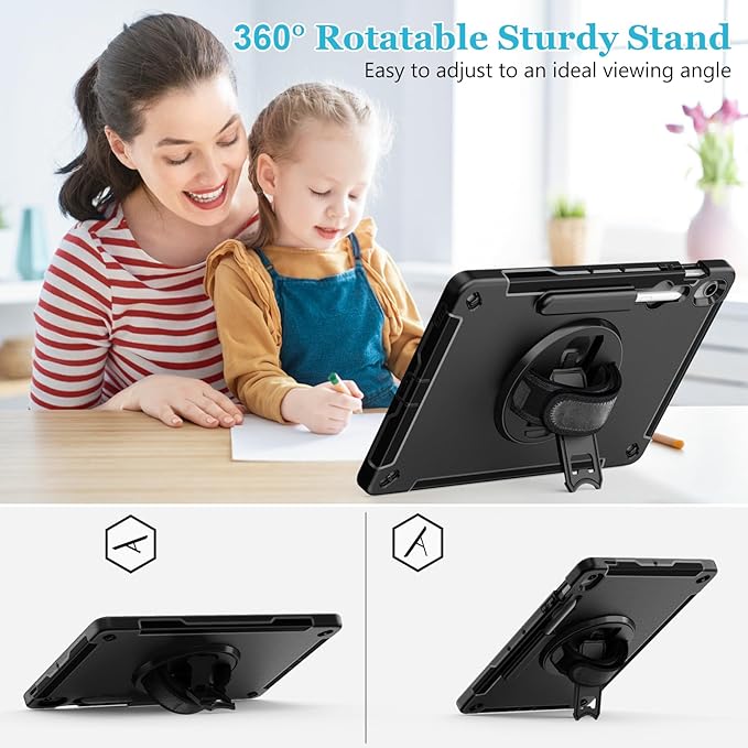 Case for Galaxy Tab S10 FE Plus 13.1" 2025: TPU Cover for Samsung Tablet S10 FE Plus/+ 13.1 Inch with Screen Protector- Stand- Handle-Shoulder Strap-S-Pen Holder-Black+Black