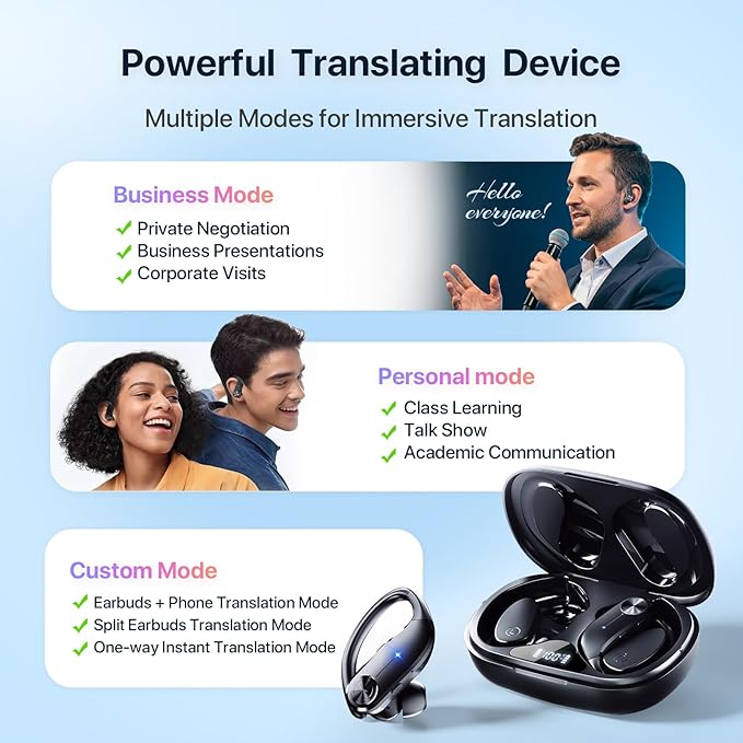 AI Translation Earbuds Real-Time : 144 Languages, Offline Mode, Noise Canceling, 60 Hours Battery - Seamless Translator Headphones for Travel Business Learning, iOS & Android Support