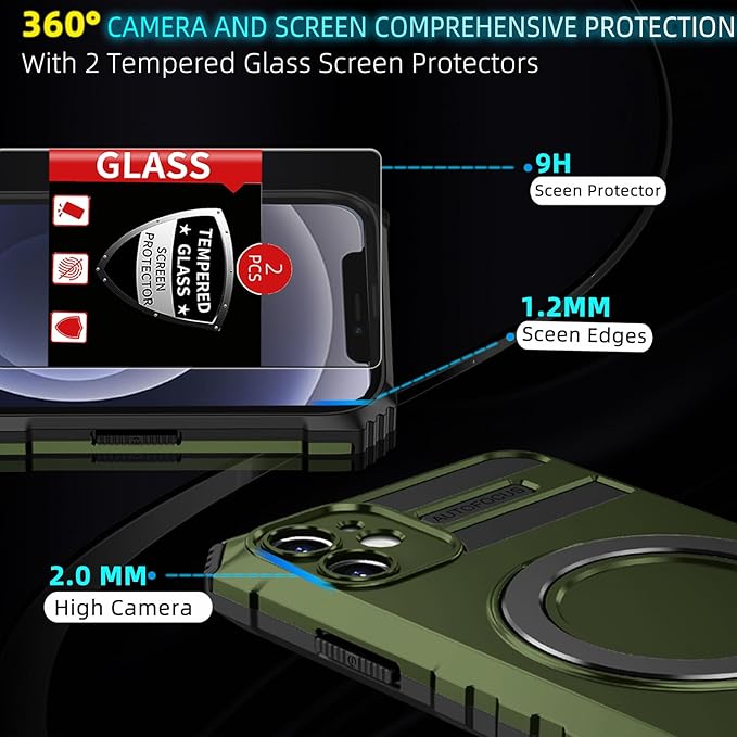 for iPhone 12 Case Magnetic Compatible with MagSafe Wireless Charging,with 2 Screen Protectors,Built-in Kickstand Ring,Shockproof Shock-Absorbent Scratch Resistant Heavy Duty Protection Green