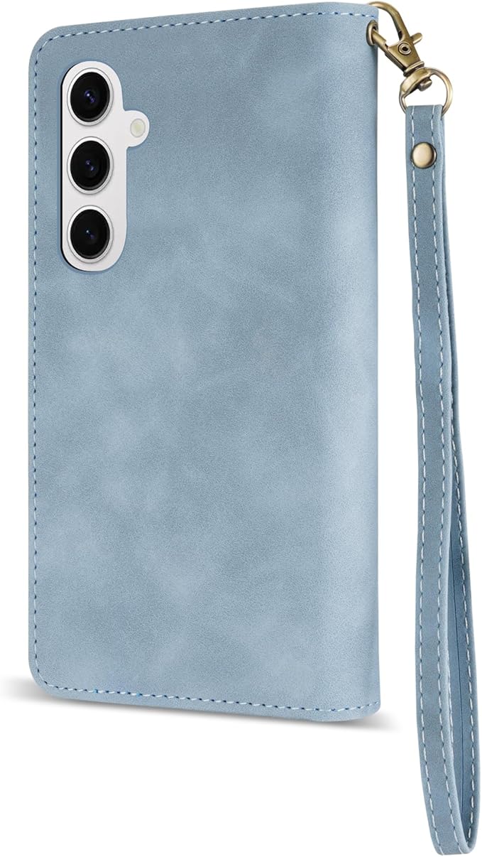 ZZXX for Samsung Galaxy S24 Plus Wallet Case with RFID Blocking Card Slot PU Leather Zipper Flip Folio with Strap Kickstand Protective Cover for Samsung Galaxy S24+ Case Wallet(Light Blue-6.7 inch)